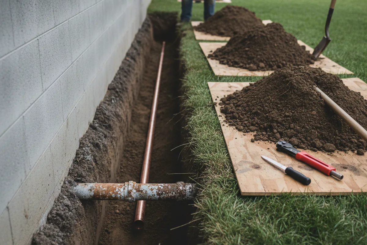 Excavated water line trench during Water Softener Installation in North Brookfield
